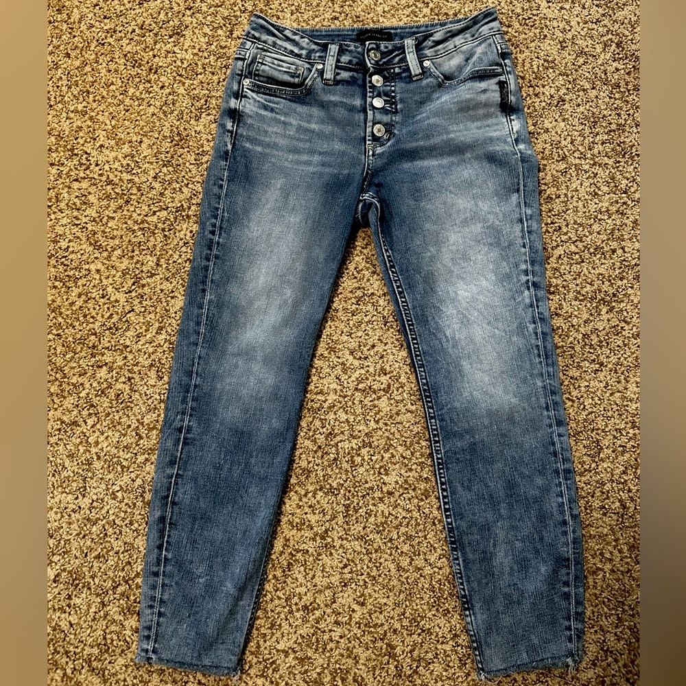 Silver Jeans Co Suki Skinny Crop Jeans Button Fly Exposed Hem W28 L26